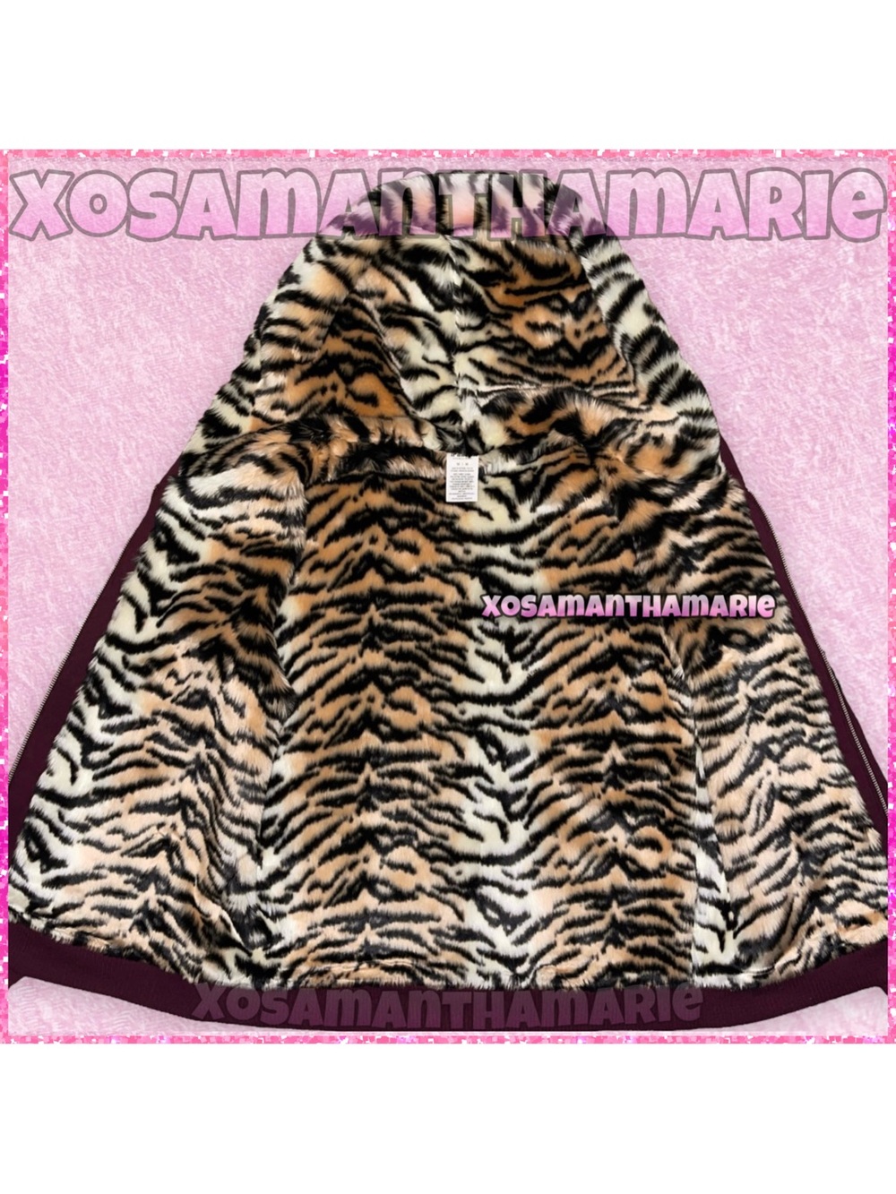 VS PINK Rare Y2K Vtg Sequin Bling Tiger Print Faux Fur Hoodie Jacket - Picture 5 of 14